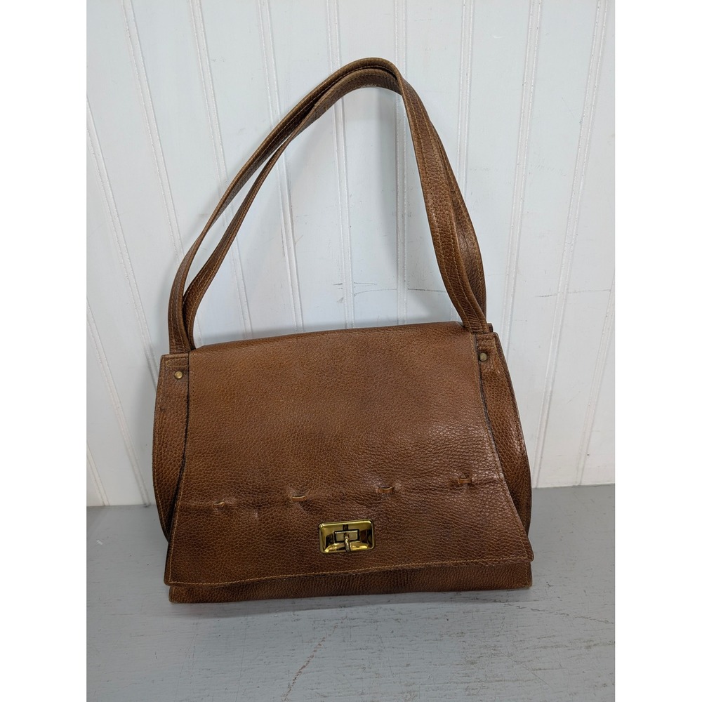 Vintage Brown Pebbled Leather Shoulder Bag Structured Flap Turn Lock Purse 70s
